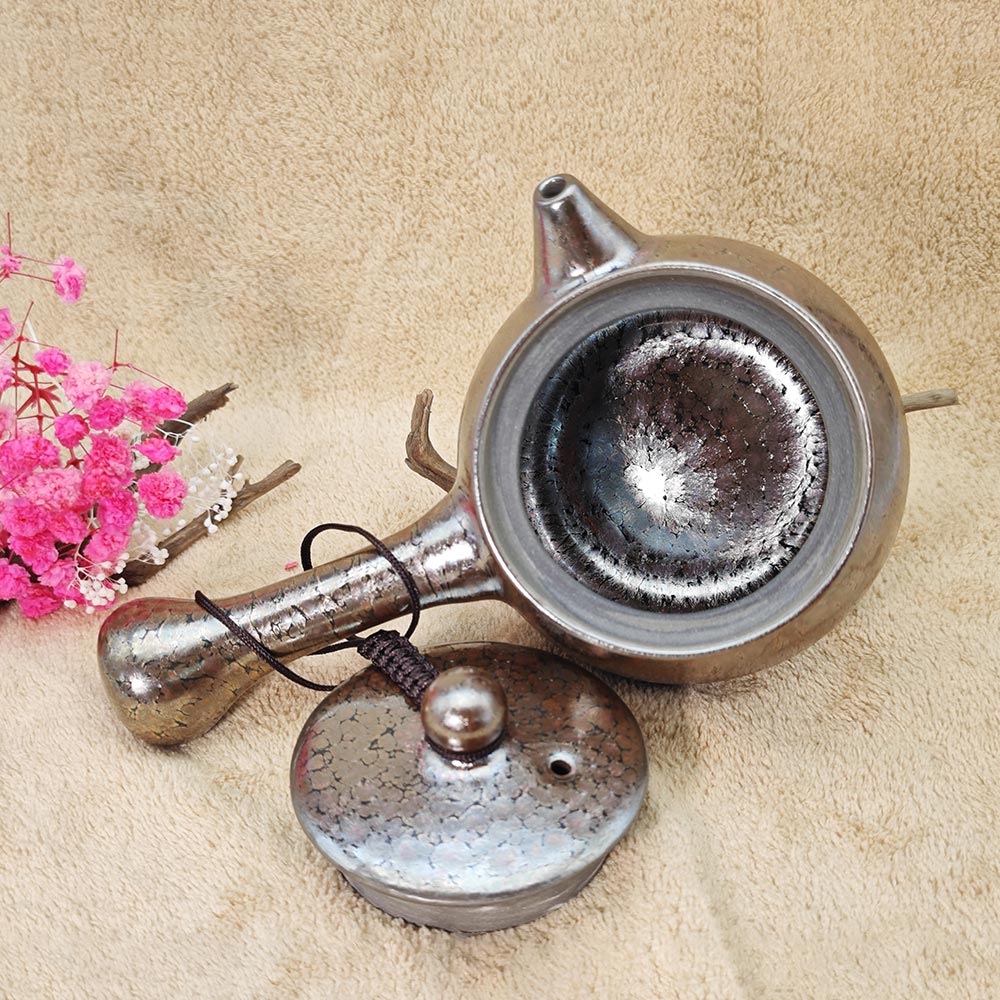 Long Handle Silver Blue Hare's Fur Jianzhan Tenmoku Teapot