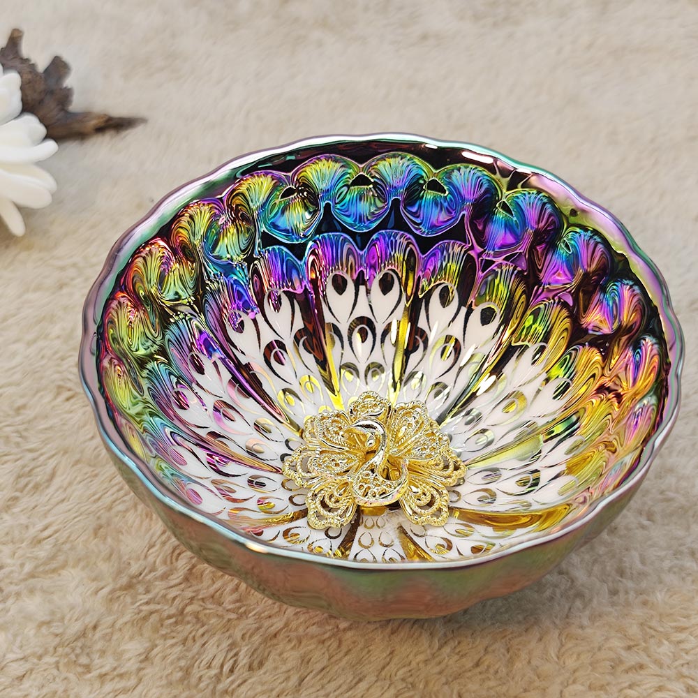 Golden Coloful Inlaid Peacock Jianzhan Tenmoku TeaCup Tasting Cup Tea Bowl