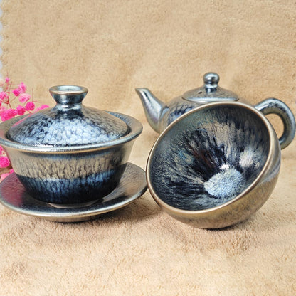 Silvery Blue Hare's Fur Jianzhan Tenmoku Teapot