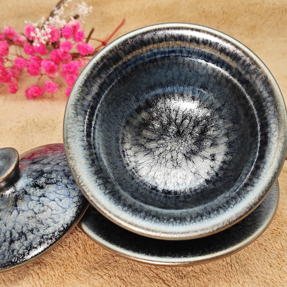 Silver Blue Hare's Fur Jianzhan Tenmoku  Tea Cup