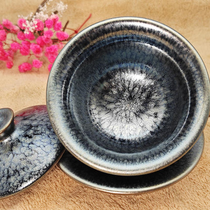 Silver Blue Hare's Fur Jianzhan Tenmoku  Tea Cup