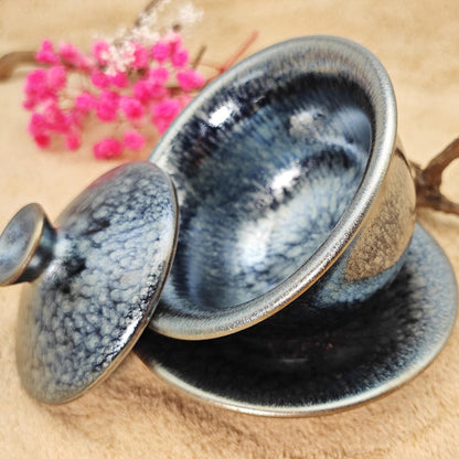 Silver Blue Hare's Fur Jianzhan Tenmoku  Tea Cup