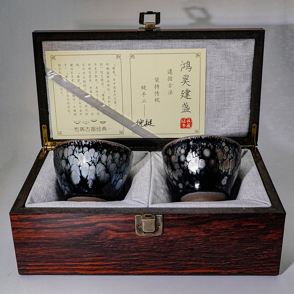 Handmade Jianzhan Oil Drop Purple Gold + Oil Drop Tenmoku Tea Cups