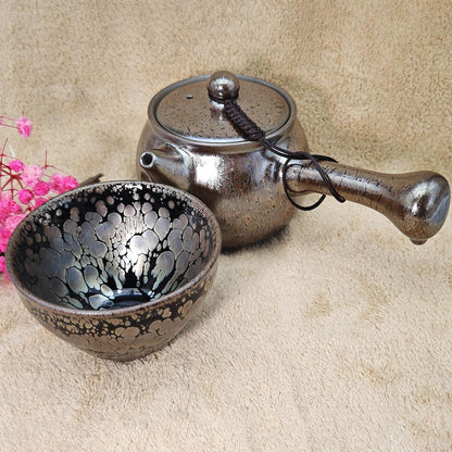 Long Handle Silver Blue Hare's Fur Jianzhan Tenmoku Teapot